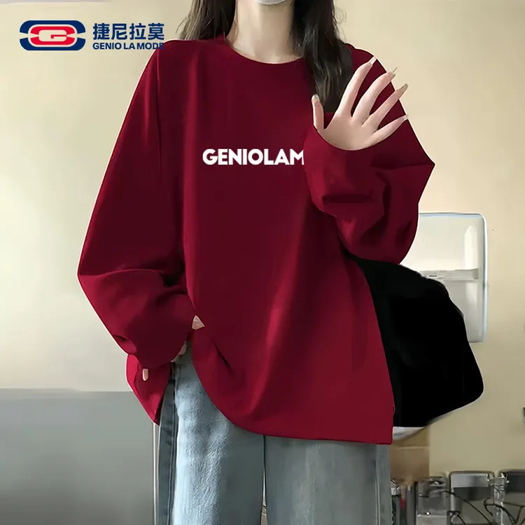 【敖瑞鹏代言】捷尼拉莫2025新款长袖t恤女春秋酒红色纯棉正肩上衣