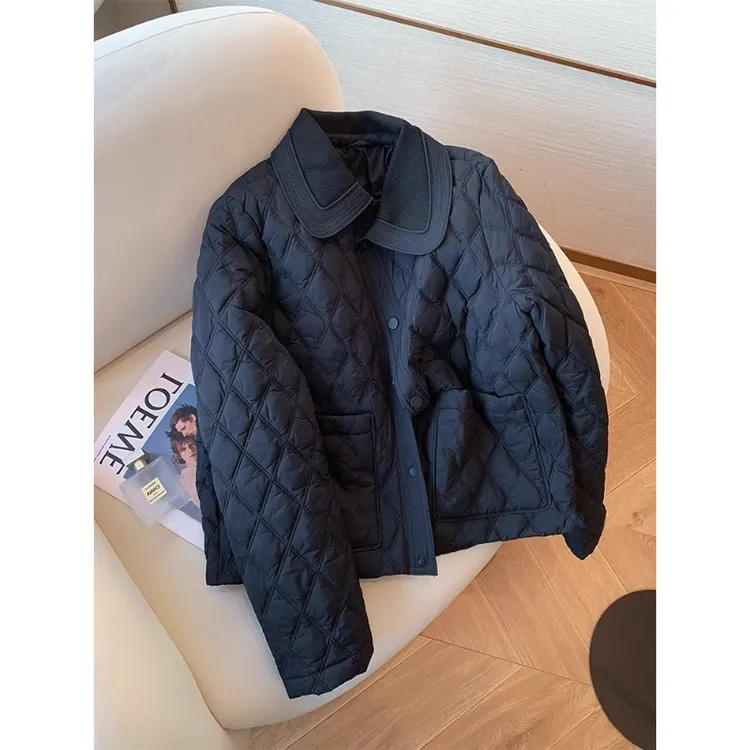 高级感小香风翻领黑色棉服女秋冬设计感轻薄菱形格夹棉短款外套