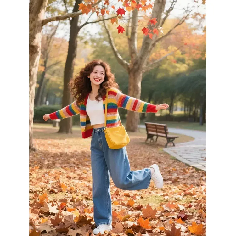 韩系多巴胺甜美彩虹条纹针织开衫女秋冬季新款减龄宽松毛衣外套潮