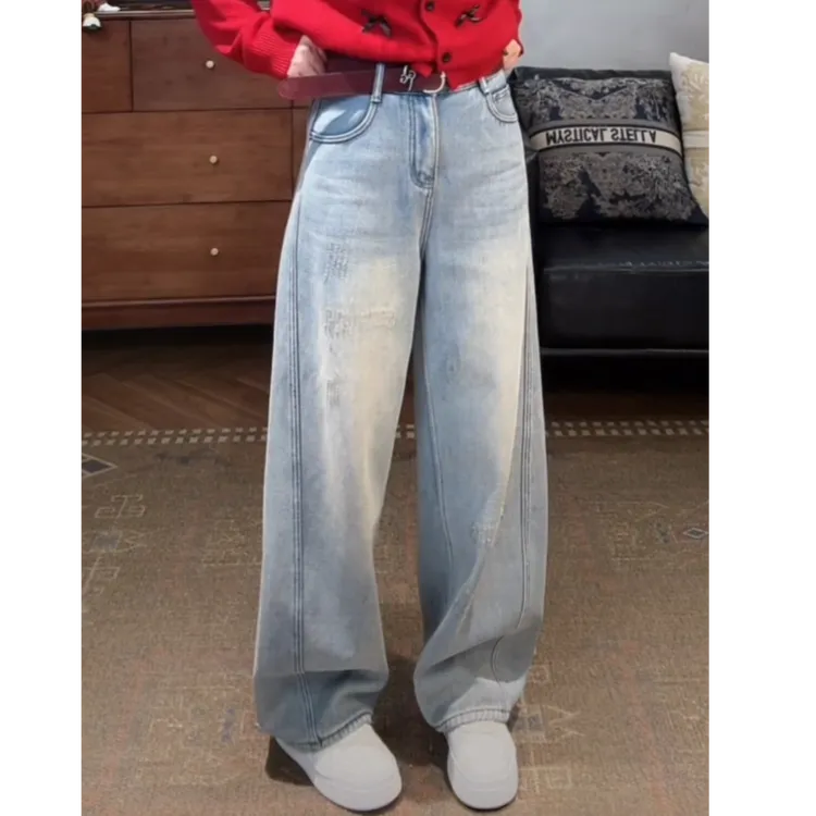 加绒牛仔裤梨形身材不贴腿直筒裤高腰小弯刀裤子休闲水洗冬季百搭