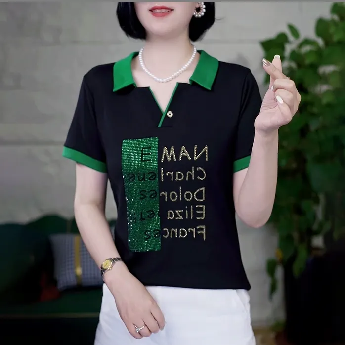 2025夏季显瘦小衫女休闲时尚宽松减龄polo领洋气短袖女士减龄上衣