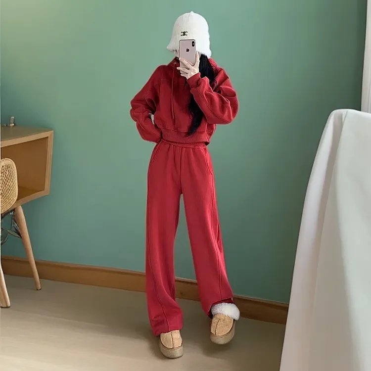 新年红色休闲运动套装女宽松连帽加绒加厚洋气时尚减龄卫衣阔腿裤