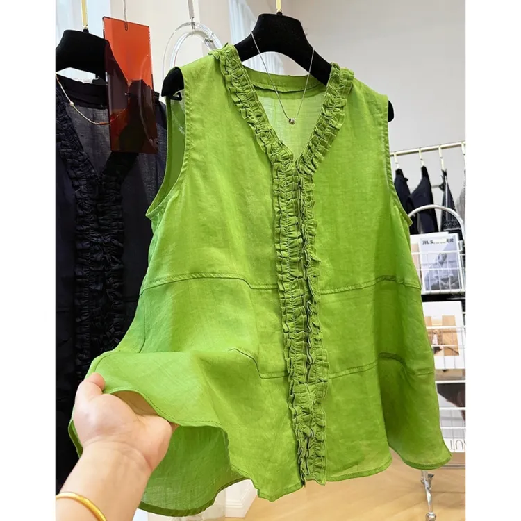 高级感重工木耳边马甲背心女夏季外穿超好看时尚无袖坎肩V领上衣
