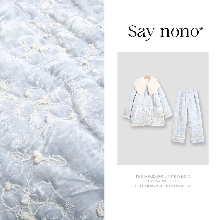 Say nono【懒猫nono】水蓝色大毛领三层夹棉加厚睡衣加绒家居服套装