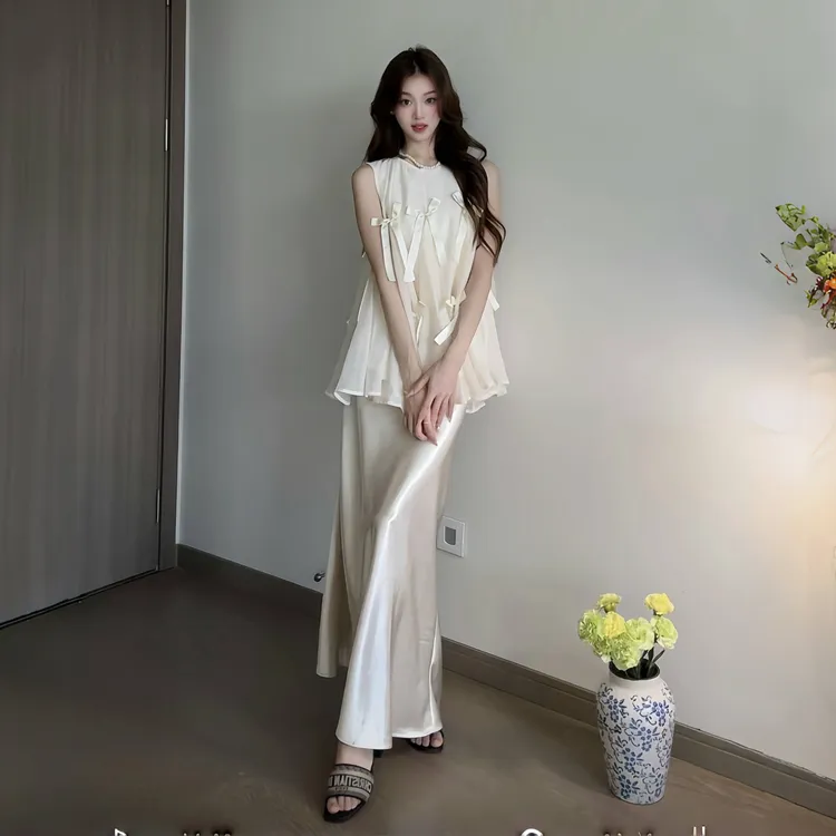 JIAHUI甜美减龄套装女夏季蝴蝶结背心上衣高级感缎面半身裙两件套