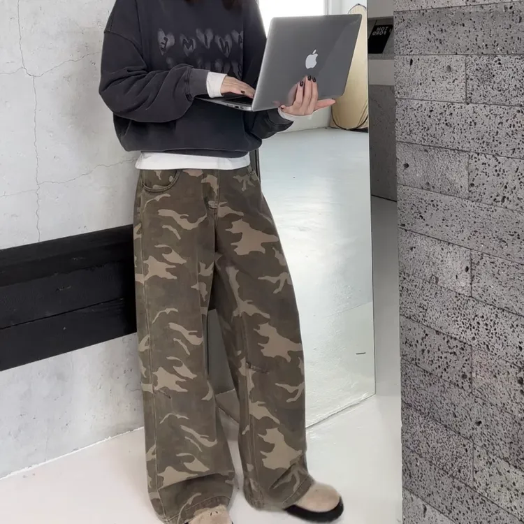 【迷彩宽松牛仔裤】KZBL58196秋冬百搭水洗个性直筒宽松牛仔裤
