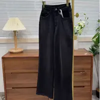 【原歌】YG秋季新款显瘦弹力蓝色绣花直筒牛仔裤女YG579