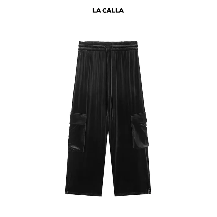LA CALLA丝绒工装裤黑色丝绒宽松设计感大口袋工装裤YY1970