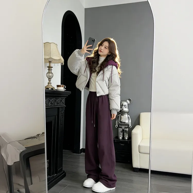 2025新款巨好看短款套装设计感紫色冬装棉服外套女款冬季棉袄裤子