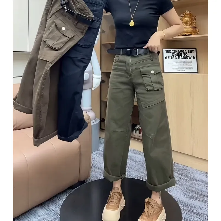 Aimeerosa/艾洛莎秋季新款九分立体兜休闲牛仔裤女洋气显瘦老爹裤