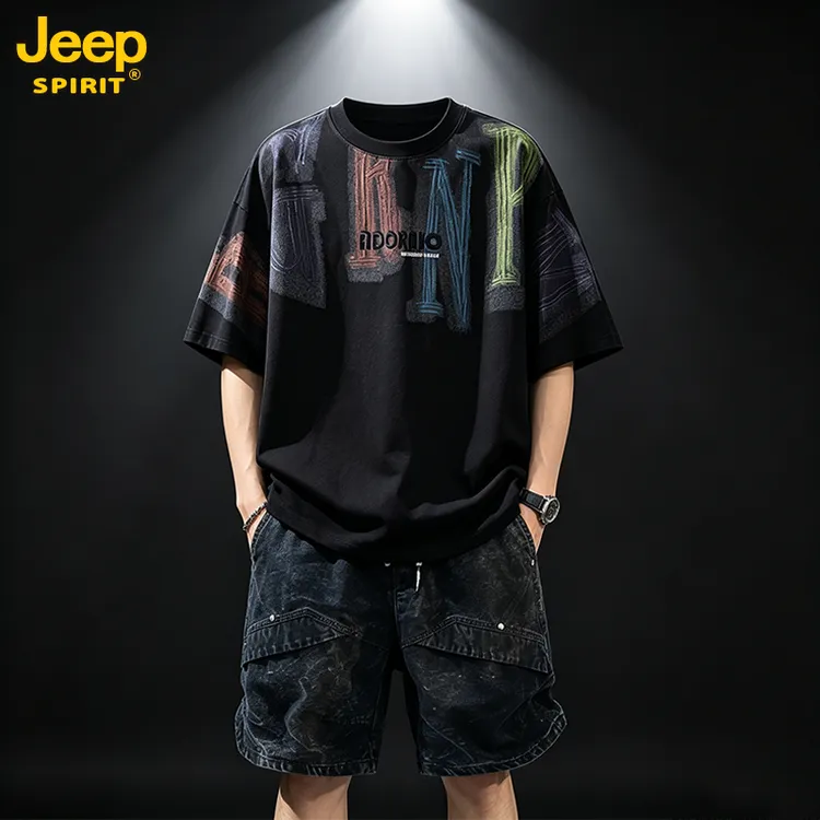 JEEPSPIRIT吉普男士印花时尚套装夏季新款美式复古简约休闲两件套