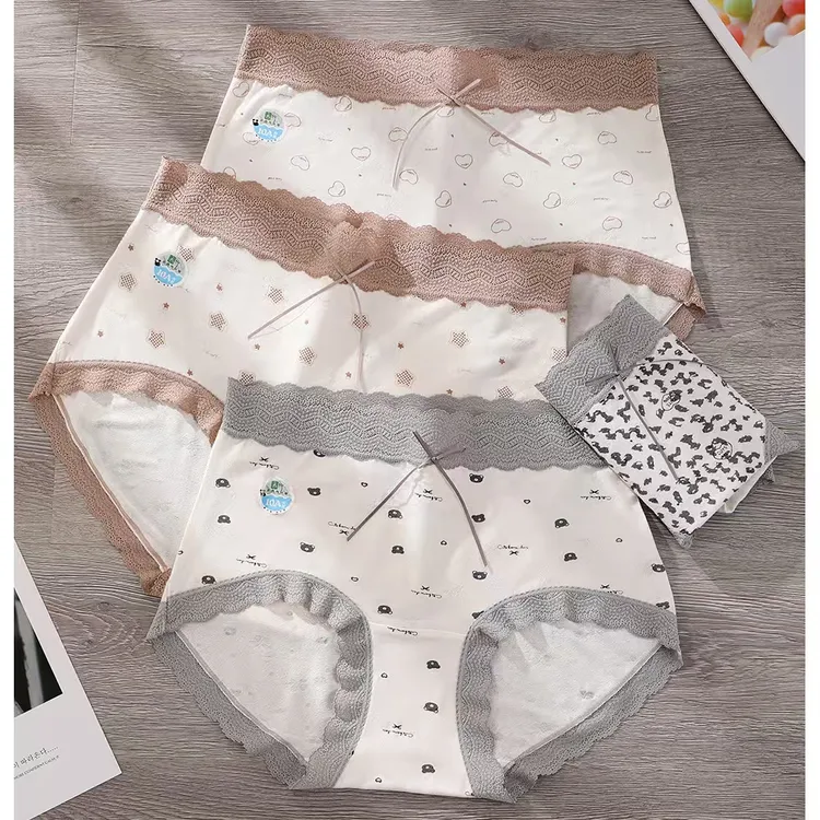竹纤维高腰收腹蕾丝内裤大码200多斤舒适女士童趣印花10A抑菌底裆