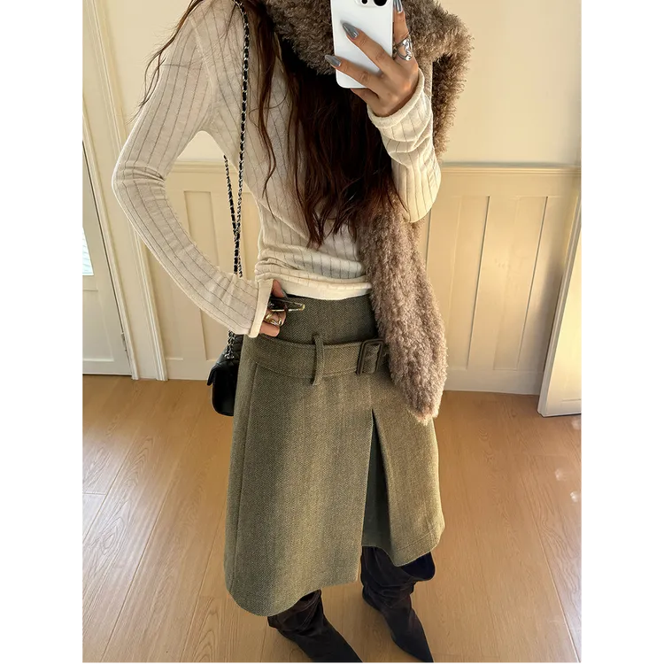 复古小众人字纹毛呢半身裙女冬季新款高腰显瘦百搭A字中长裙