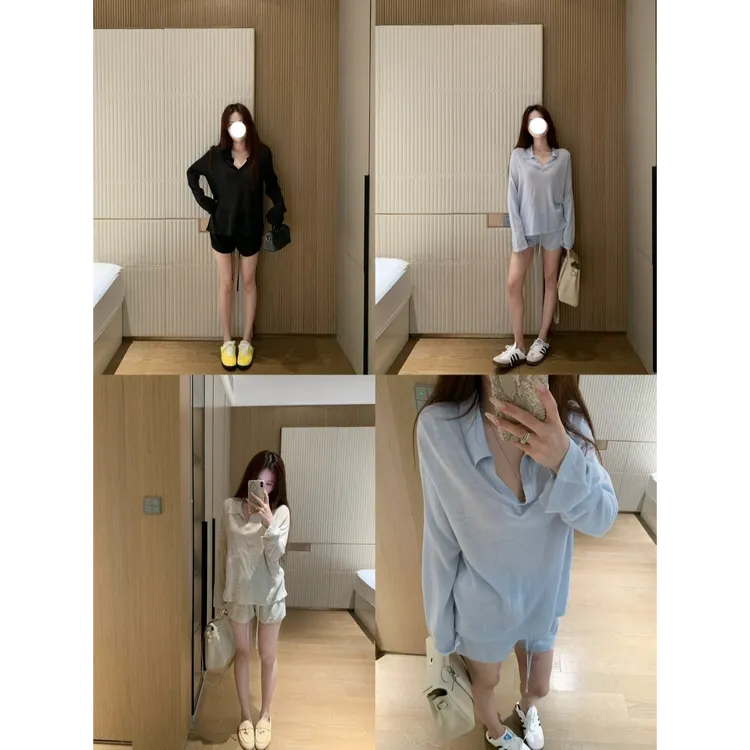 早八舒服 设计感polo衫T恤上衣宽松显瘦/针织短裤纯色休闲套装女