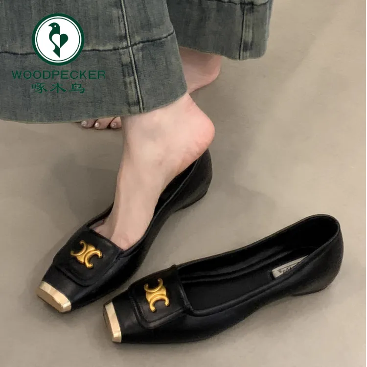 啄木鸟玛丽珍单鞋女2025春秋季新款方头浅口懒人一脚蹬百搭豆豆鞋