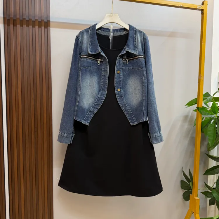 新款大码女装时尚洋气牛仔开衫外套十砍袖连衣裙两件套
