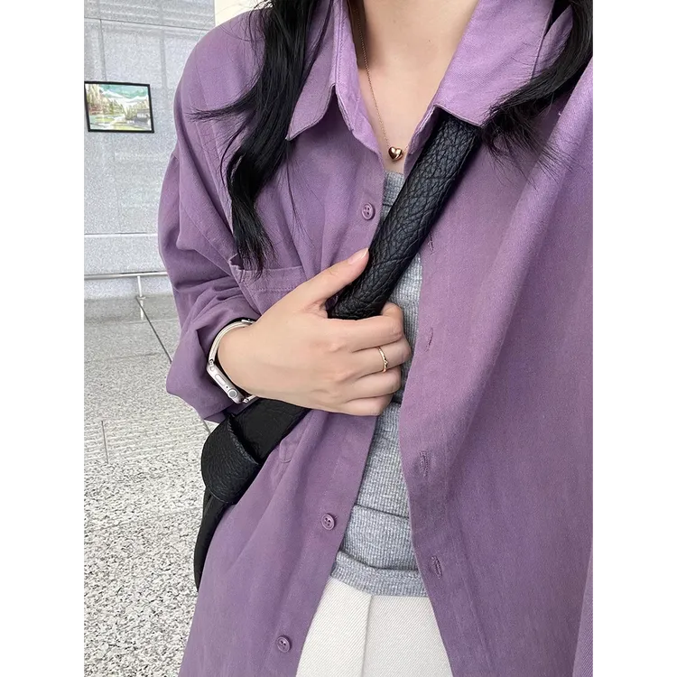 韩系穿搭紫色长袖衬衫女春秋新款设计感宽松休闲气质叠穿衬衣外套