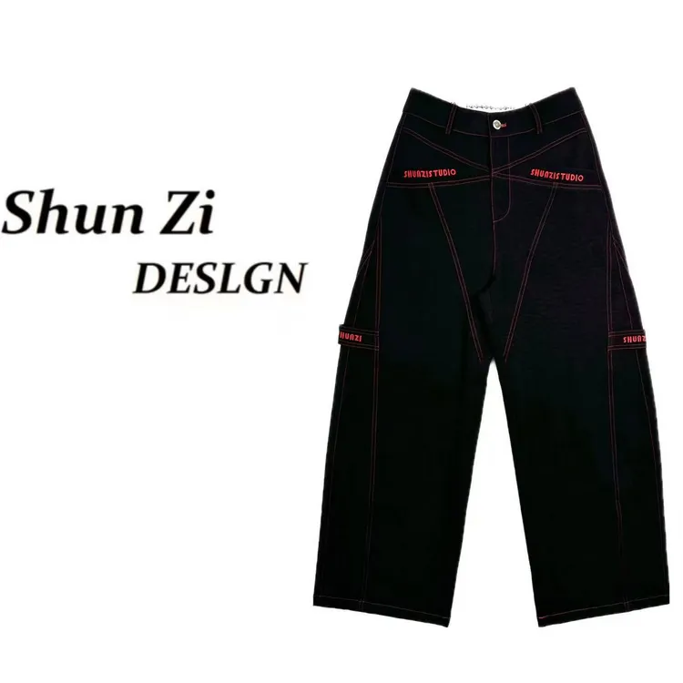 顺子/SZ9936 时尚潮牌休闲刺绣logo线条隔断免烫直筒裤