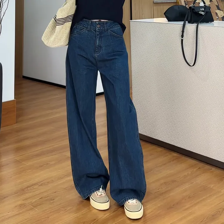 深蓝色阔腿牛仔裤女2025秋季女装新款高腰显瘦宽松窄版直筒拖地裤