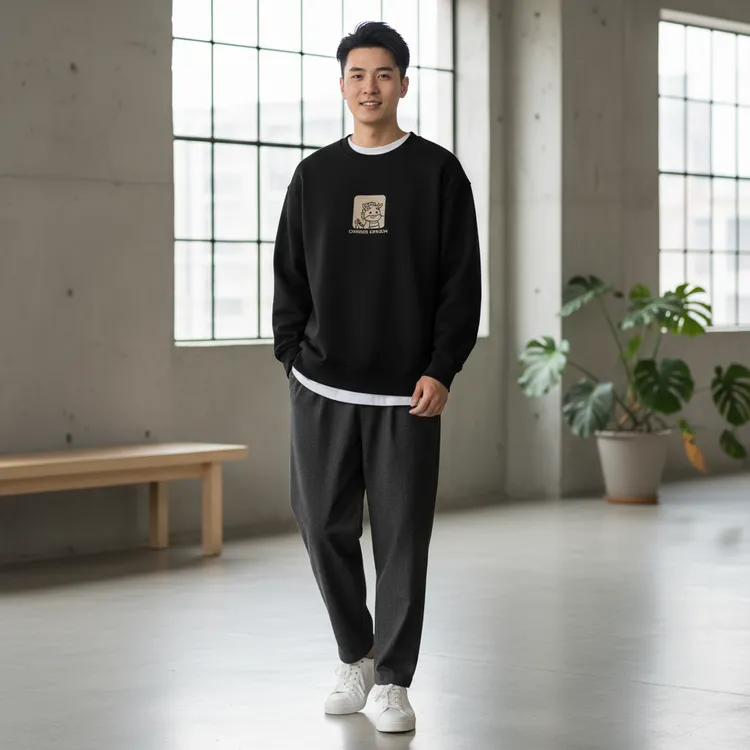 仓石一树黑色圆领加绒卫衣男女秋冬新款本命年龙年衣服红色加厚