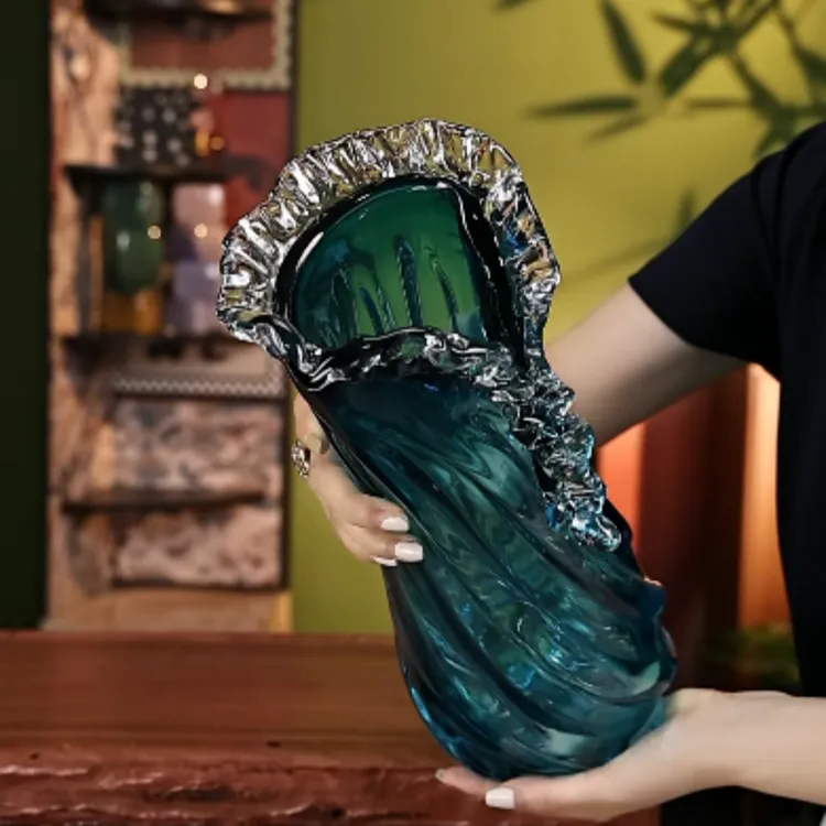 S【海洋之星】现代轻奢蓝色斜口琉璃花瓶+果盘套装创意装饰花器摆