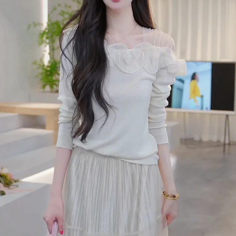 法式荷叶边拼接斜领针织衫女2025秋季新款高级感洋气百搭显瘦上衣