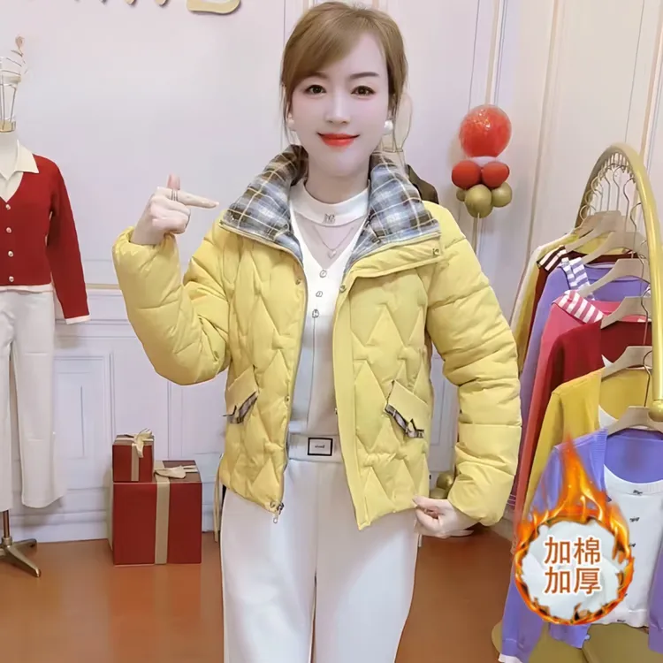 时尚格子拼接短款棉服2025冬季新款女立领加厚小个子百搭保暖外套