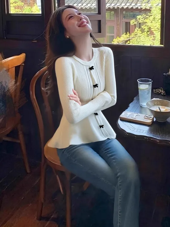 圆领蝴蝶结针织衫女时尚新小香风洋气减龄收腰显瘦百搭上衣G6-66
