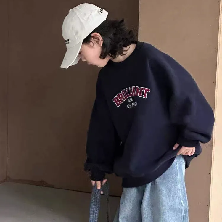 韩版加绒卫衣2025年冬季新款中大男童洋气百搭休闲圆领字母卫衣潮