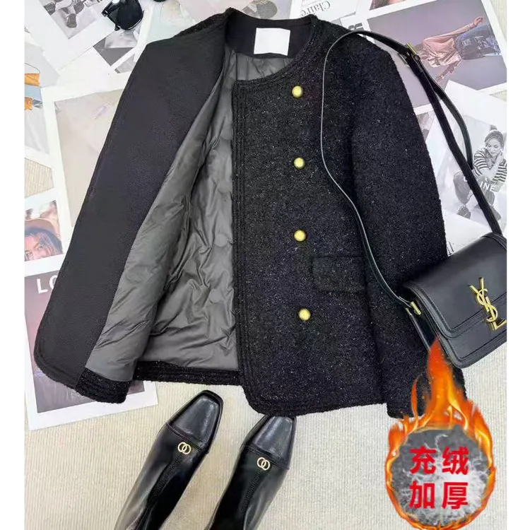【现货+运费险】黑色长款亮晶晶加厚保暖充绒内胆精致小香风P2435