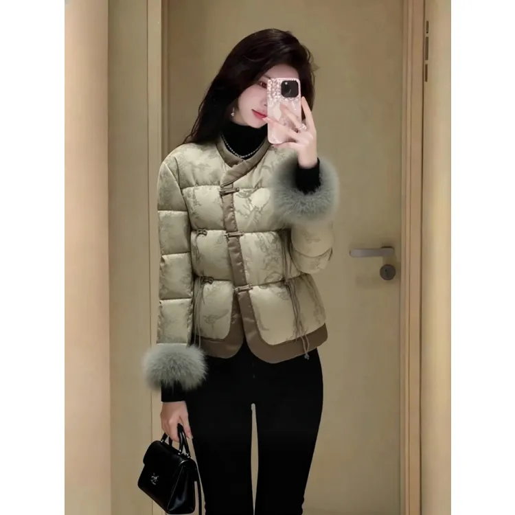 新中式国风轻薄时尚棉服小个子毛毛拼接绿色提花短款保暖外套女冬