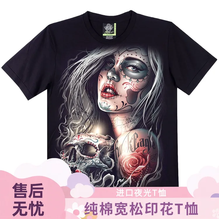 rock eagle/摇滚鹰泰国ROCKEAGLE 双面夜光玫瑰天使亡灵节骷髅T恤