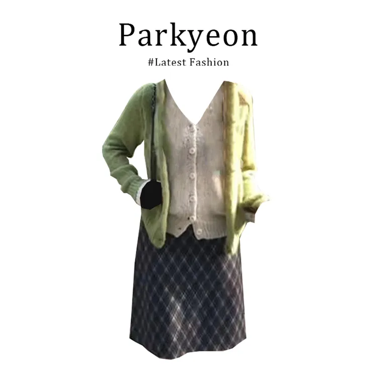 parkyeon氛围感穿搭假两件v领长袖毛衣外套女秋季格纹半身裙套装