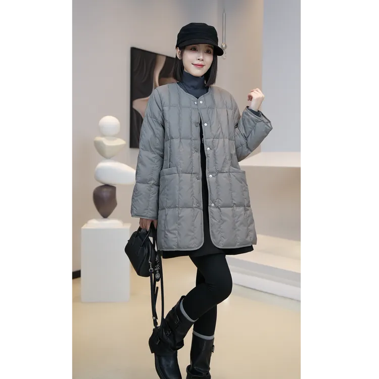 【芜阅】冬季新款中长款设计感格纹显瘦新国标90鹅绒服E396