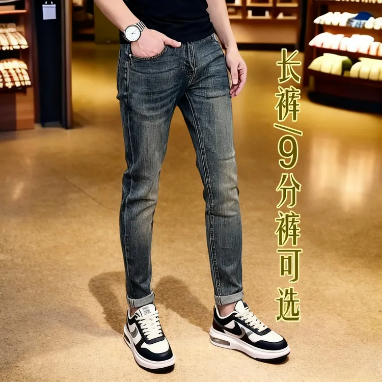秋季新款高端复古蓝欧货男士牛仔裤长裤/9分裤弹力修身百搭小脚裤