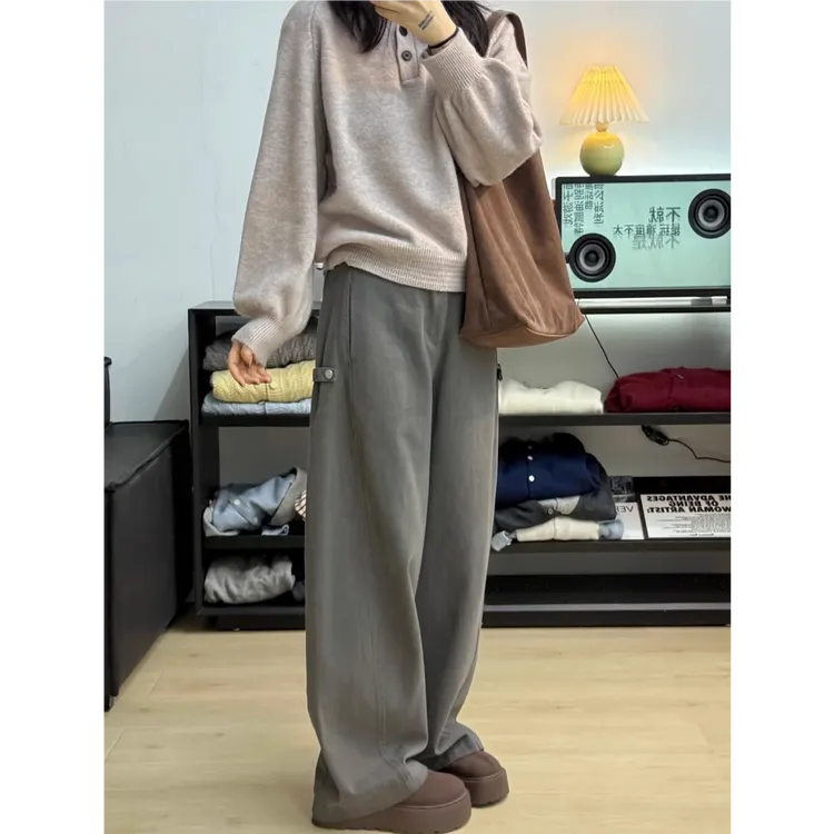 深灰色弯刀工装裤女秋冬加绒大码胖mm梨形身材高腰显瘦阔腿休闲裤