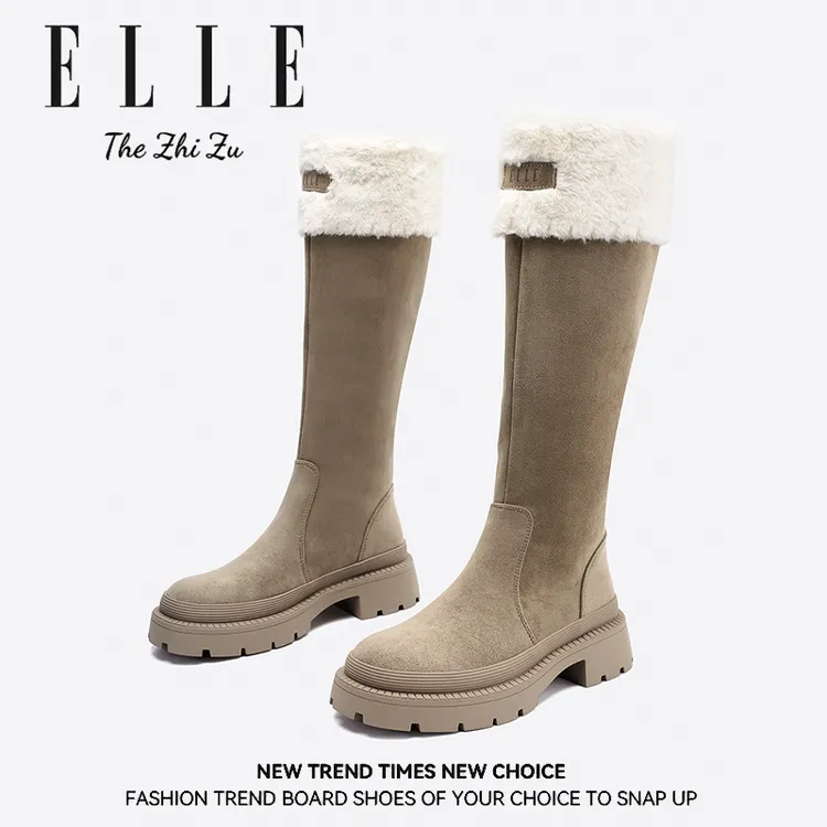 ELLE品牌长筒雪地棉女款2025新款冬季加绒加厚棉靴毛毛高筒骑士靴