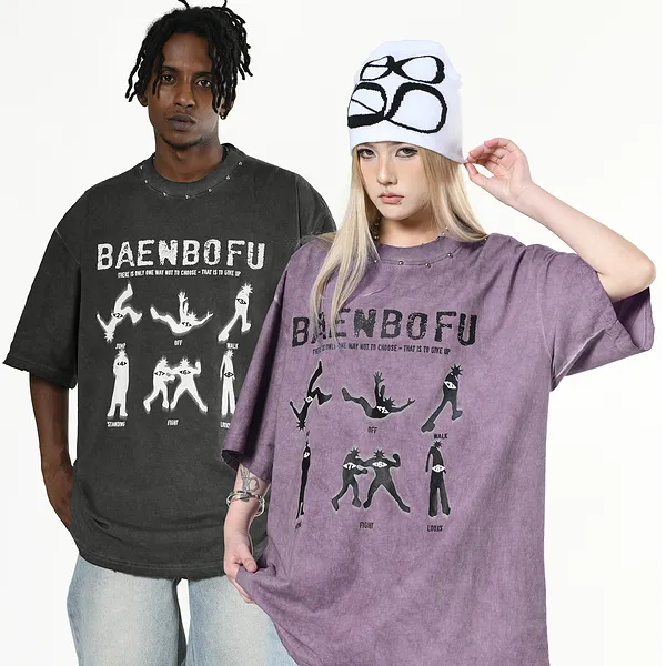 欧美街头复古潮流宽松运动水洗炒色做旧金属撞钉短袖T恤中性风短t