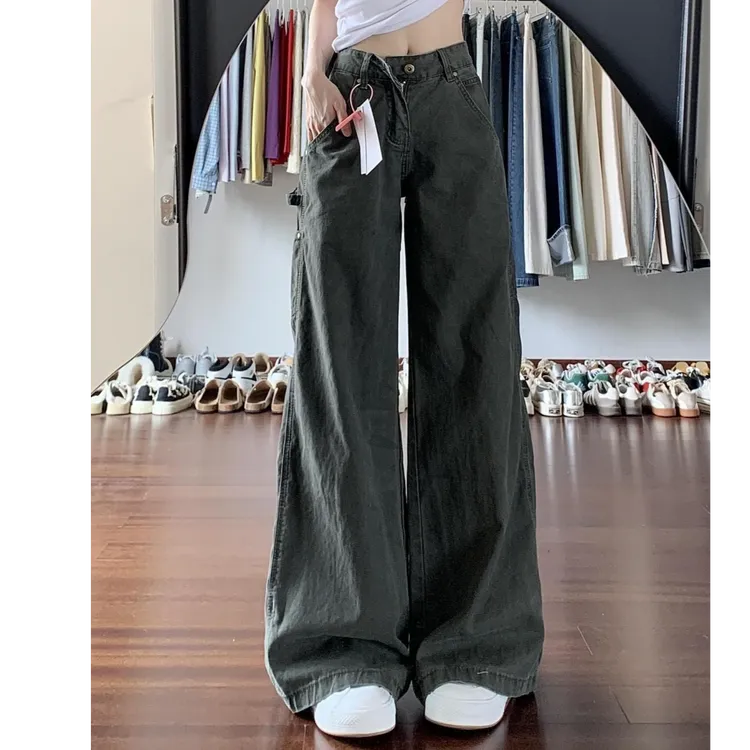 百搭美式复古辣妹风拖地长裤工装牛仔裤女夏季新款显瘦阔腿裤子潮