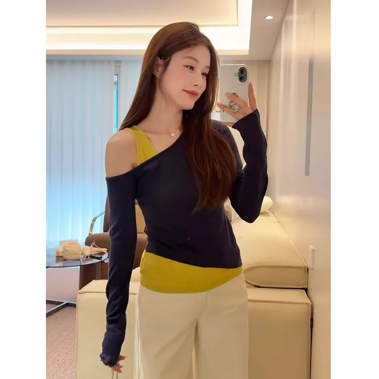 Notdefin韩系纯欲假两件斜肩短款长袖t恤女撞色打底上衣春秋款