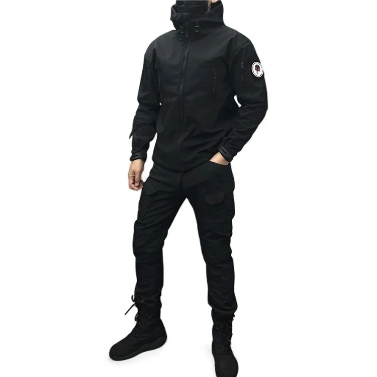 秋冬男户外战术软壳加绒黑色套装弹力修身防水保暖裤冲锋衣透气
