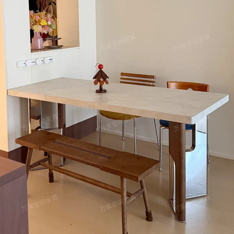 意式轻奢德利丰洞石岩板餐桌现代家用长方形带下挂客厅小户型桌子