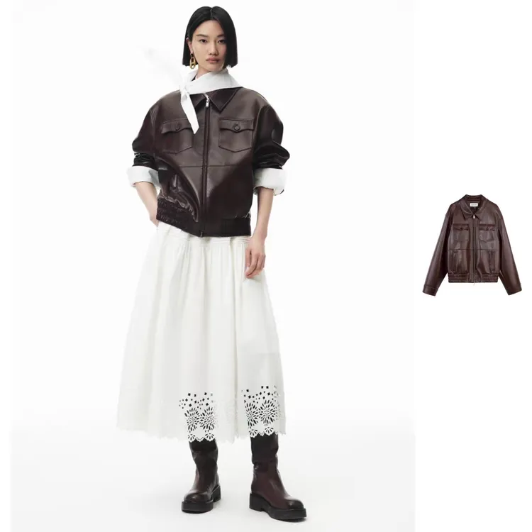 ANNENONO2025秋环保蛋白皮廓形夹克外套女