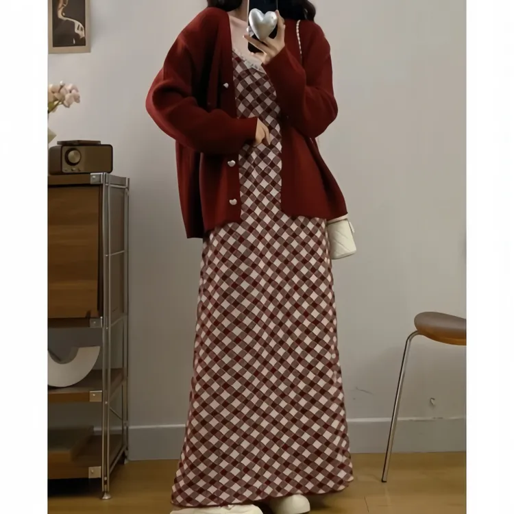 时尚风大码女装秋季新款韩系慵懒风毛衣外套格子针织背心裙两件套