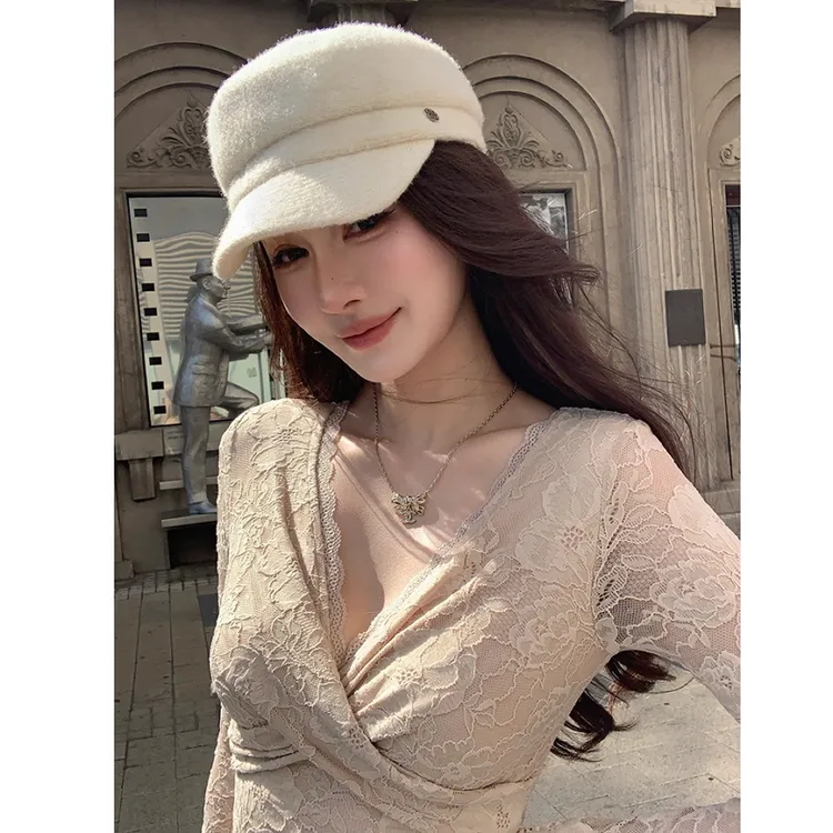 交叉V领提花蕾丝衫女纯欲性感修身显瘦长袖打底衫上衣