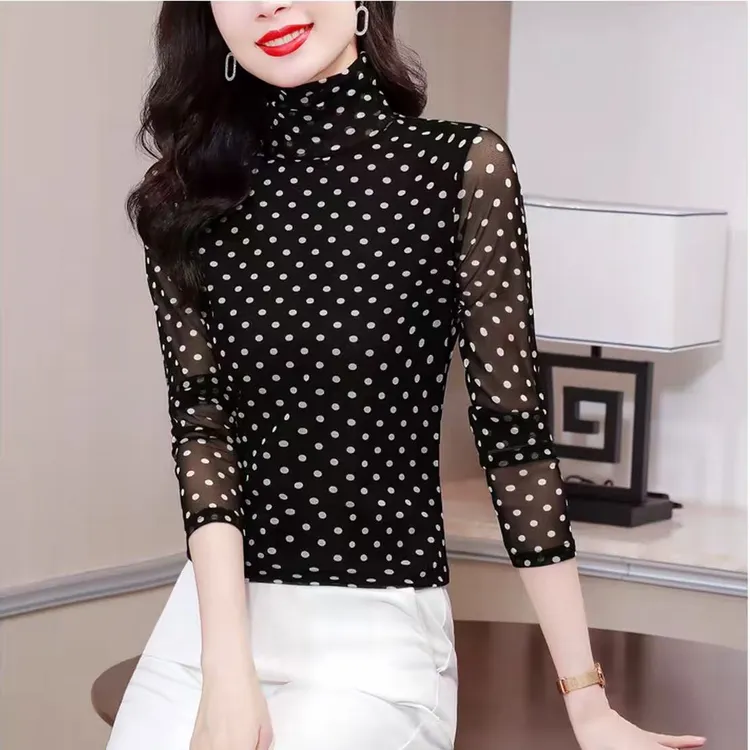 加绒长袖打底衫秋冬高领网纱波点保暖上衣印花高档洋气薄款小衫潮