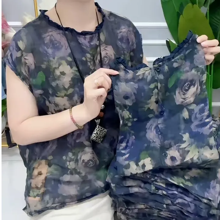 时尚印花妈妈减龄短袖上衣夏季轻薄款休闲百搭宽松遮肉圆领T恤女