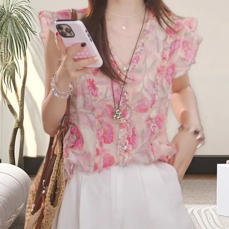 花仙子 夏季新款无袖气质百搭休闲粉色花色衬衫C5657