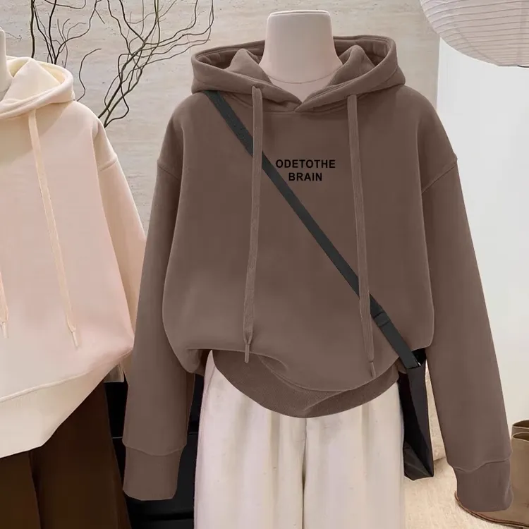 欧货新款2025加绒加厚秋冬设计感小众套头连帽卫衣女短款韩版外套