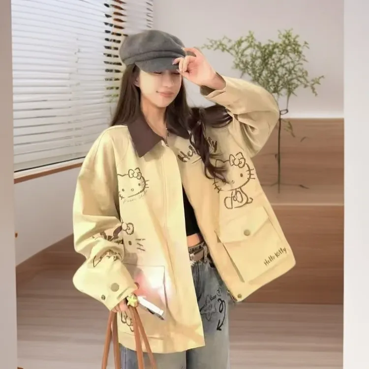 卡其色KT猫印花百搭风衣女秋季慵懒感宽松显瘦外套上衣